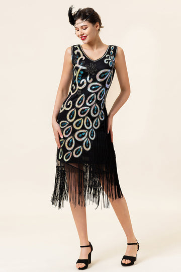 Svart Och Blå Paljetter Fransar 1920-Talets Gatsby Flapper-klänning med 20-Tals Tillbehör Set